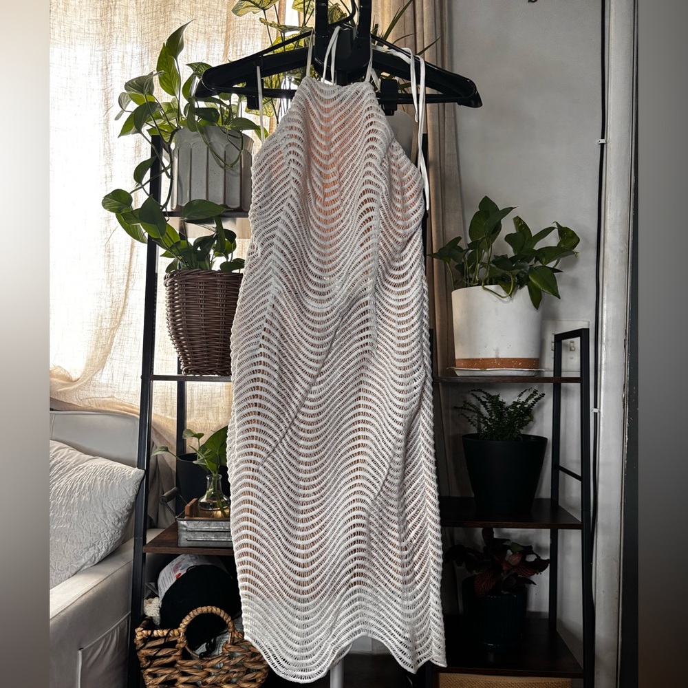 White Halter Crochet Midi Dress